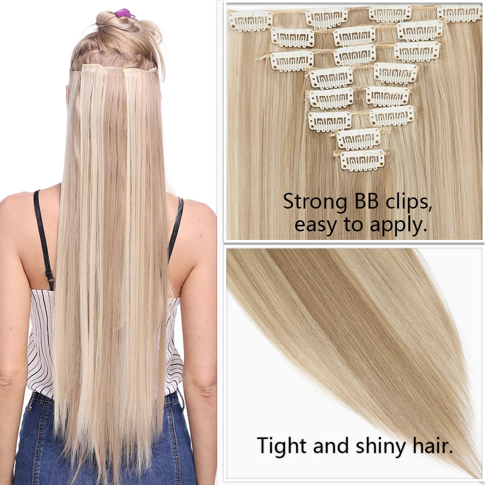 HAIRRO 26Inches 8Pcs/set 16 Clips Long Straight Synthetic Hair Extensions Clips in High Temperature Fiber Black Brown Hairpiece