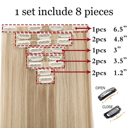 HAIRRO 26Inches 8Pcs/set 16 Clips Long Straight Synthetic Hair Extensions Clips in High Temperature Fiber Black Brown Hairpiece