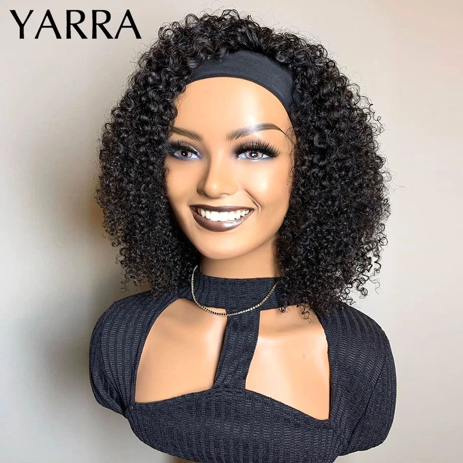 Mongolian Headband Wig Human Hair Kinky Curly Glueless Short Curly Wigs for Black Women Remy Human Hair Wig 180% Density Yarra