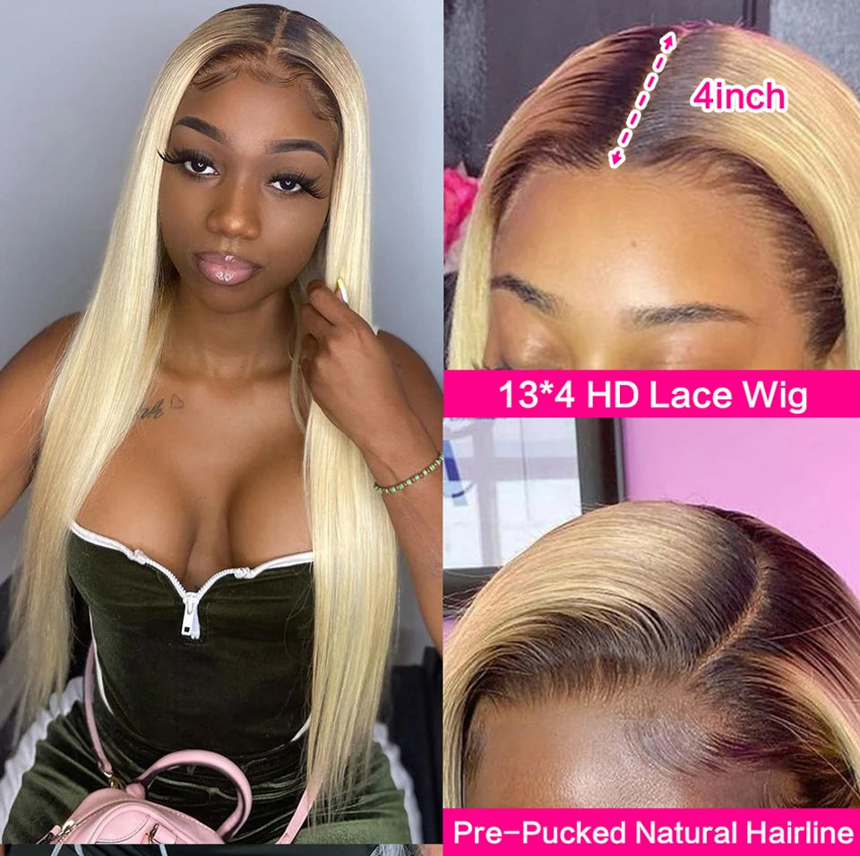 613 Transparent 13x4 HD Honey Blonde Frontal Straight Preplucked Human Hair Wig 13x4 Lace Front Wigs For Women 4x4 Glueless Wigs