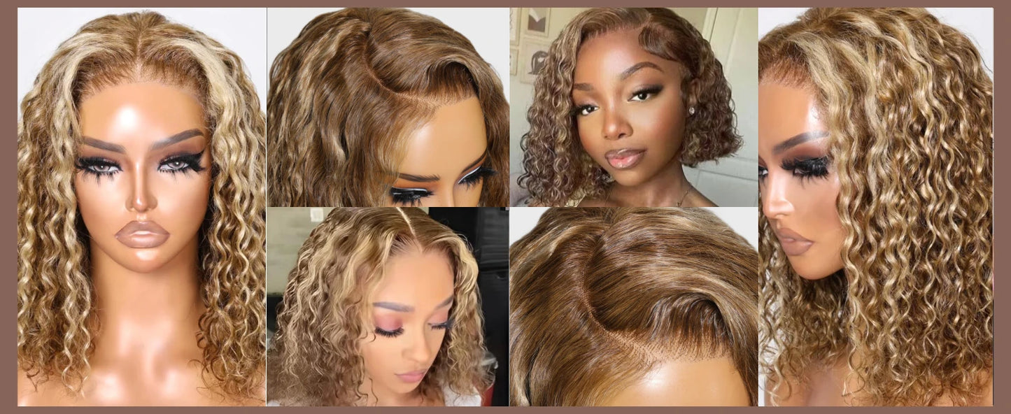 UNice 7x5 Glueless Water Wave Bob Wig Honey Blonde Highlight Pre Bleached Pre Cut Lace Closure Wig Human Hair Wig Ready To Wear