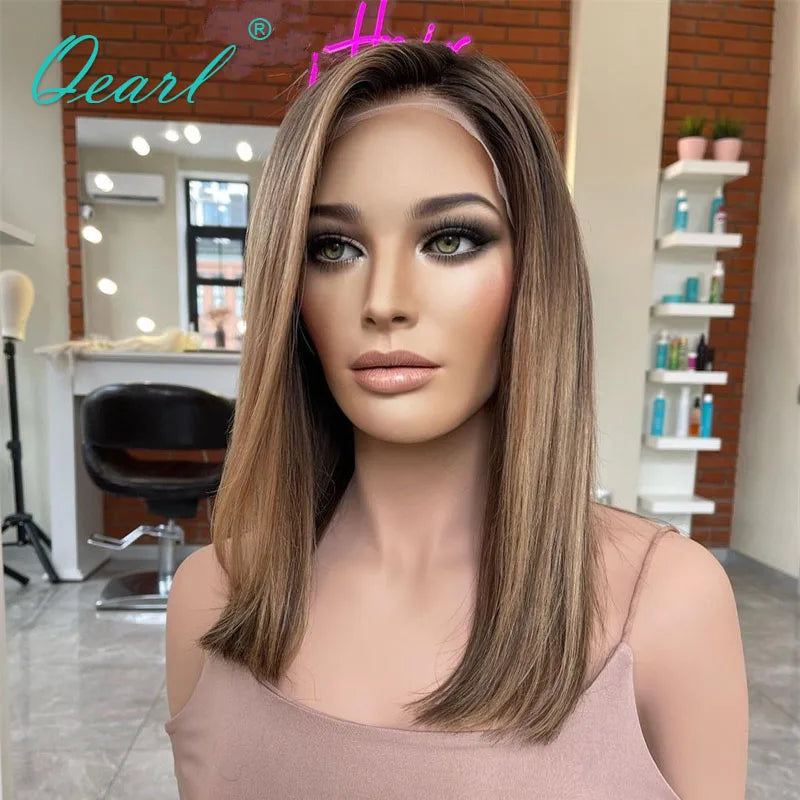 Women Human Hair Wig Light Brown Honey Blonde HD Lace Frontal Wigs Glueless Pre Plucked 13x4 Bob Straight Wig Small Medium Qearl