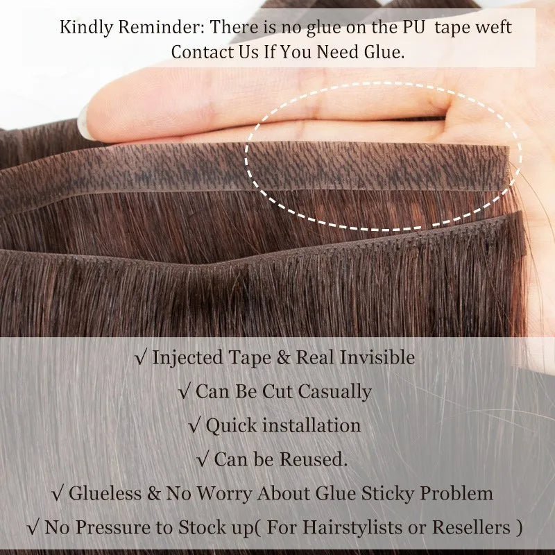 Injected Tape In Hair Extensions Invisible Long Tape PU Weft Human Hair Bundles Natural Hair Extensions 12-22 inch  Thick Ends