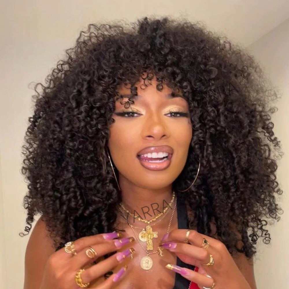 Afro Kinky Curly Human Hair Wig With Bangs For Black Women 250% Density Glueless Brazilian Remy Full Machine Made Hair Yarra