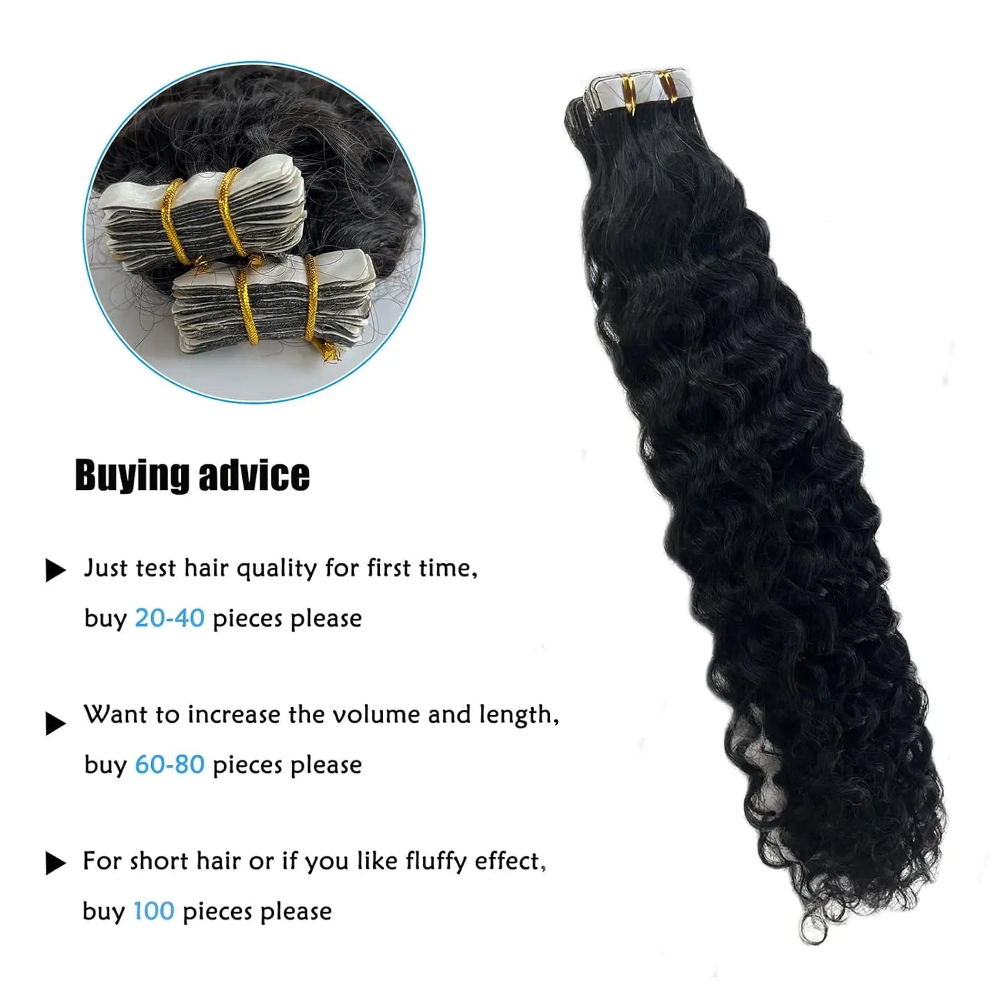 Black Water Wave Tape in Human Hair Extension Brazilian Hair Skin Weft Tape in Curly Human Hair 20pcs Tape in Hair Extensions