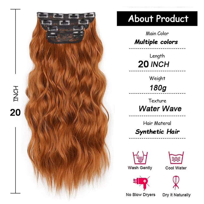 4Sets 11 Clips In Long Wavy Synthetic Hair Extension 20Inch Black 4Pcs 180g Thick Hairpieces Fiber Double Weft Hair for Women