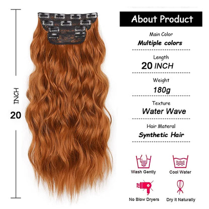 4Sets 11 Clips In Long Wavy Synthetic Hair Extension 20Inch Black 4Pcs 180g Thick Hairpieces Fiber Double Weft Hair for Women