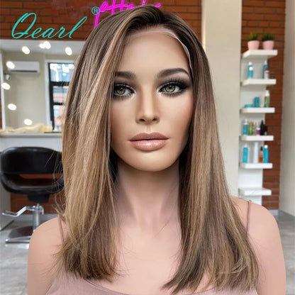 Women Human Hair Wig Light Brown Honey Blonde HD Lace Frontal Wigs Glueless Pre Plucked 13x4 Bob Straight Wig Small Medium Qearl