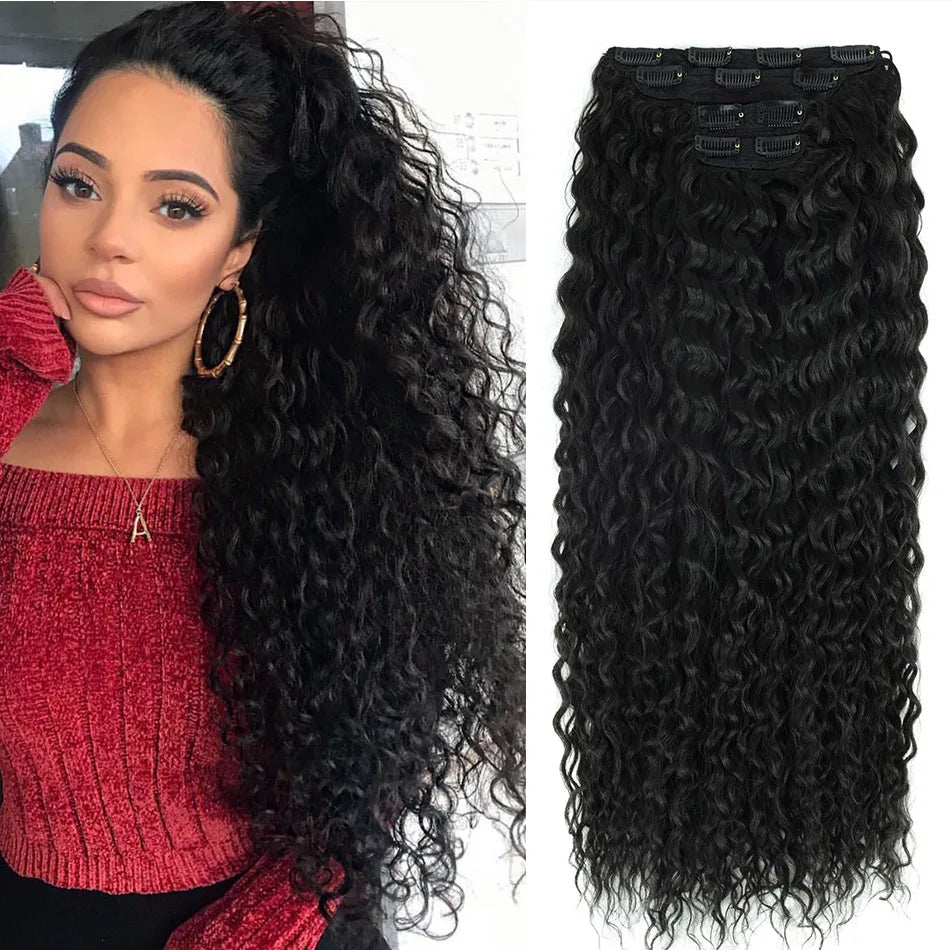 Synthetic Clip In Fitting Extension Full Head Long Kinky Curly Wig Fake False Hair Pieces Clip-on Black Brown Hairpin For Women