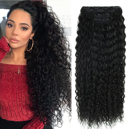 Synthetic Clip In Fitting Extension Full Head Long Kinky Curly Wig Fake False Hair Pieces Clip-on Black Brown Hairpin For Women