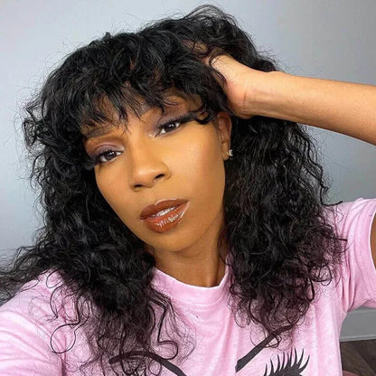 Glueless Curly Human Hair Wigs Machine Made Scalp Top Wig With Bangs  200% Density Shoulder-Grazing Curly Wig with Wispy Bangs