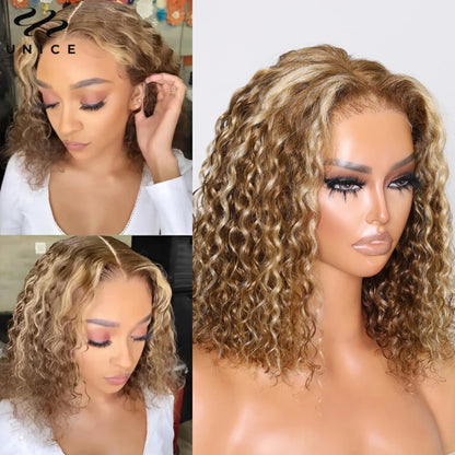 UNice 7x5 Glueless Water Wave Bob Wig Honey Blonde Highlight Pre Bleached Pre Cut Lace Closure Wig Human Hair Wig Ready To Wear