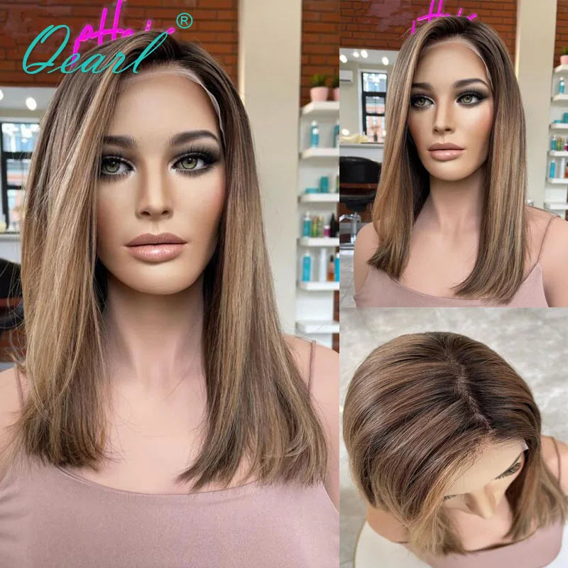 Women Human Hair Wig Light Brown Honey Blonde HD Lace Frontal Wigs Glueless Pre Plucked 13x4 Bob Straight Wig Small Medium Qearl