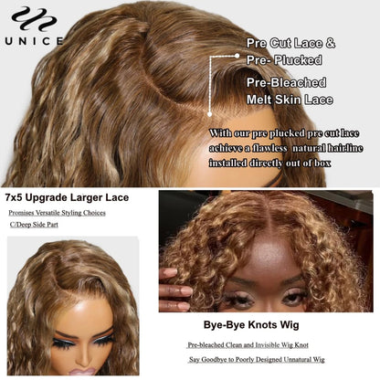 UNice 7x5 Glueless Water Wave Bob Wig Honey Blonde Highlight Pre Bleached Pre Cut Lace Closure Wig Human Hair Wig Ready To Wear