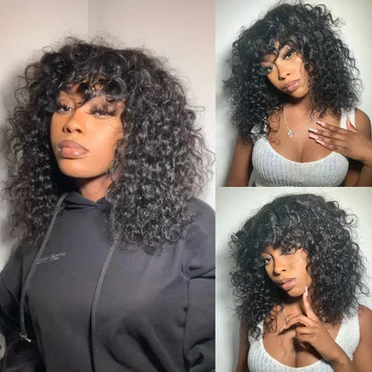 Short Bob Cut Human Hair Wigs With Bangs 180% Density Jerry Curly Glueless Wig Highlight Honey Water Wave Wigs Natural Black