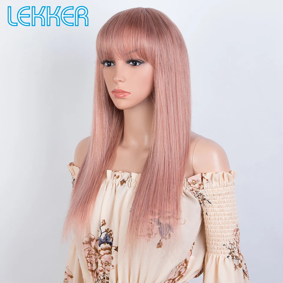 Lekker Wear to go Rose Pink Bone Straight Human Hair Wigs With Bangs For Women Brazilian Remy Hair Glueless Colored Long Wigs