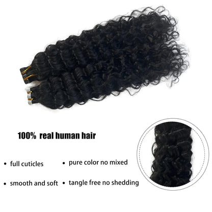 Black Water Wave Tape in Human Hair Extension Brazilian Hair Skin Weft Tape in Curly Human Hair 20pcs Tape in Hair Extensions