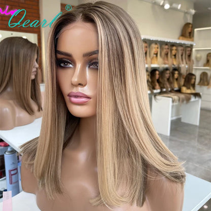 Women Human Hair Wig Light Brown Honey Blonde HD Lace Frontal Wigs Glueless Pre Plucked 13x4 Bob Straight Wig Small Medium Qearl