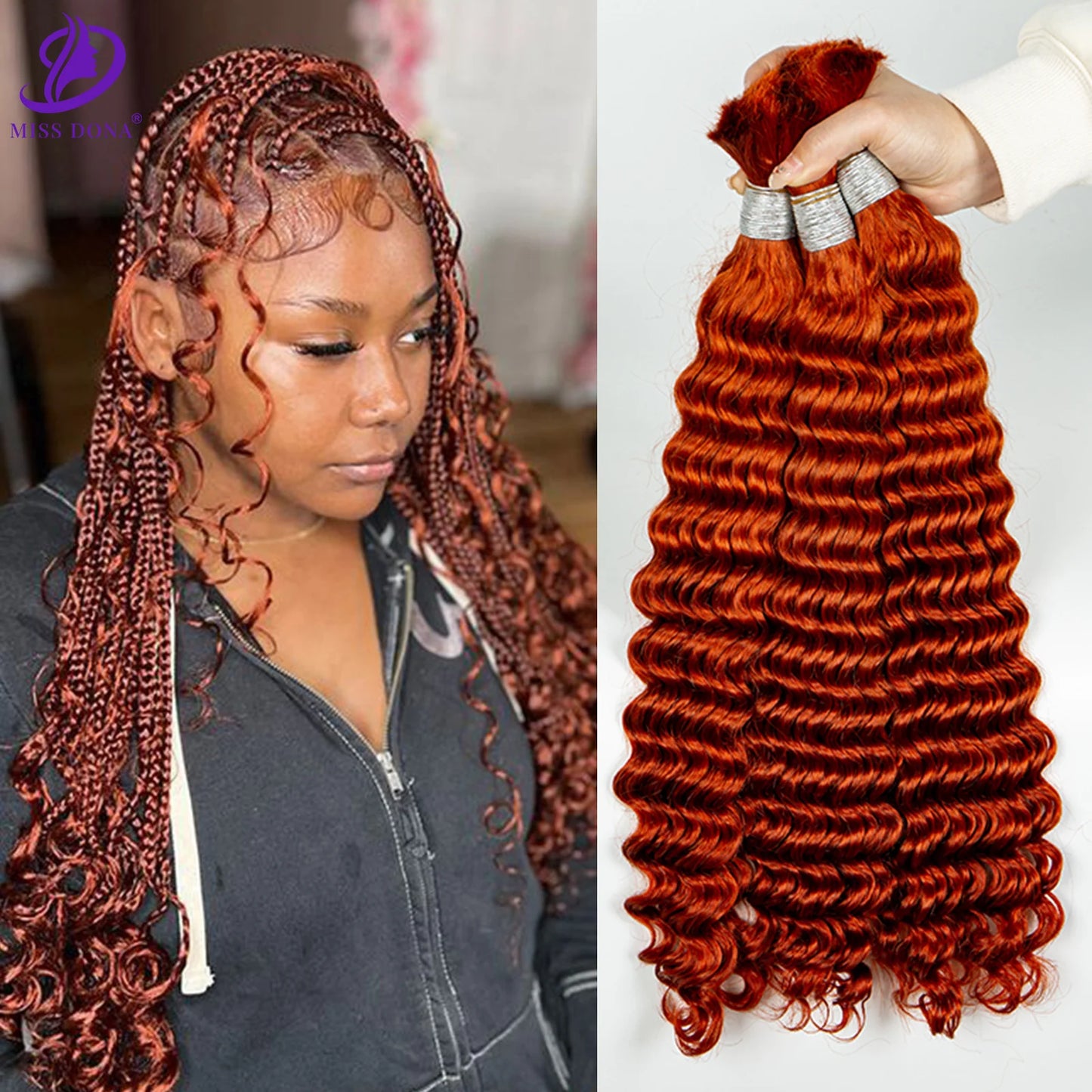 Ginger Deep Wave Human Hair Bulk Extension  Virgin Human Hair No Weft Hair Bundles for Boho Braids