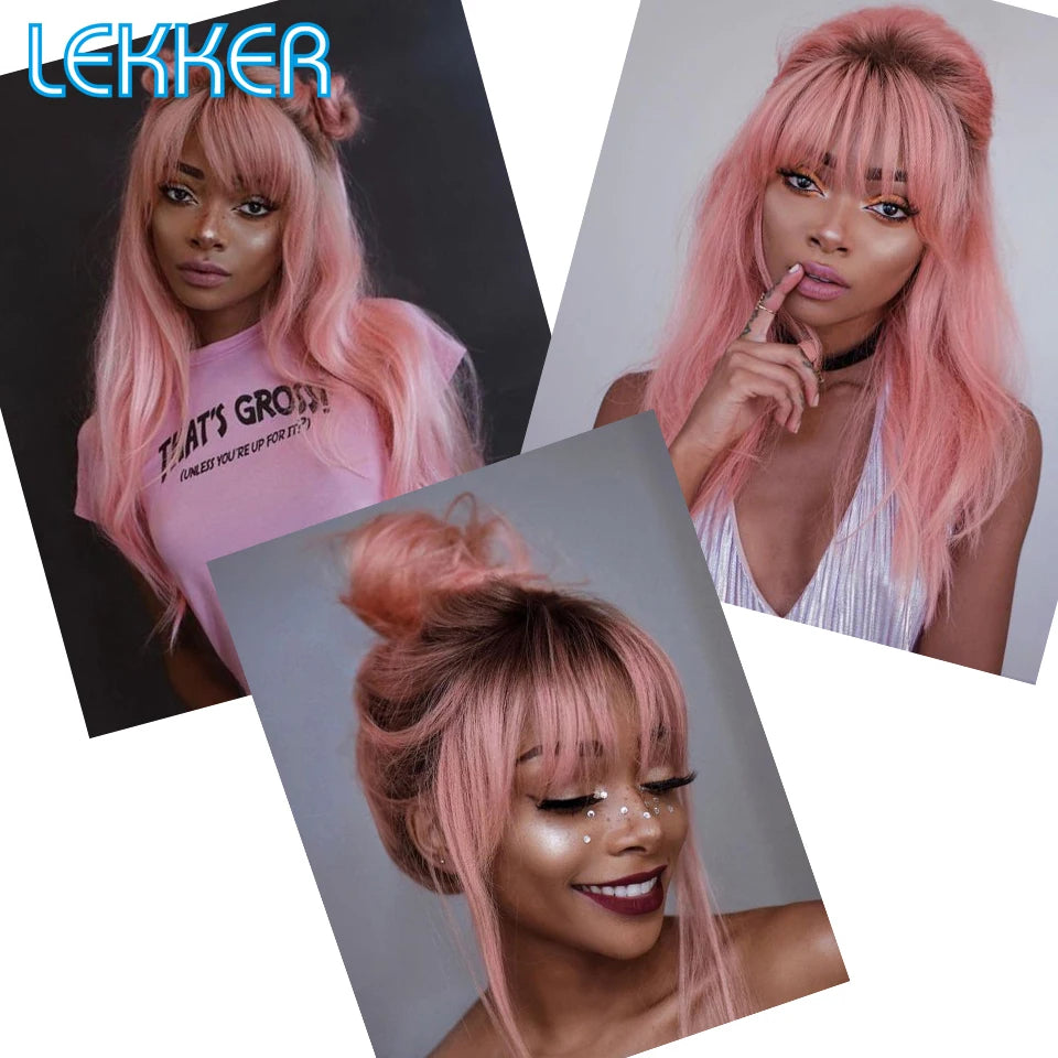 Lekker Wear to go Rose Pink Bone Straight Human Hair Wigs With Bangs For Women Brazilian Remy Hair Glueless Colored Long Wigs