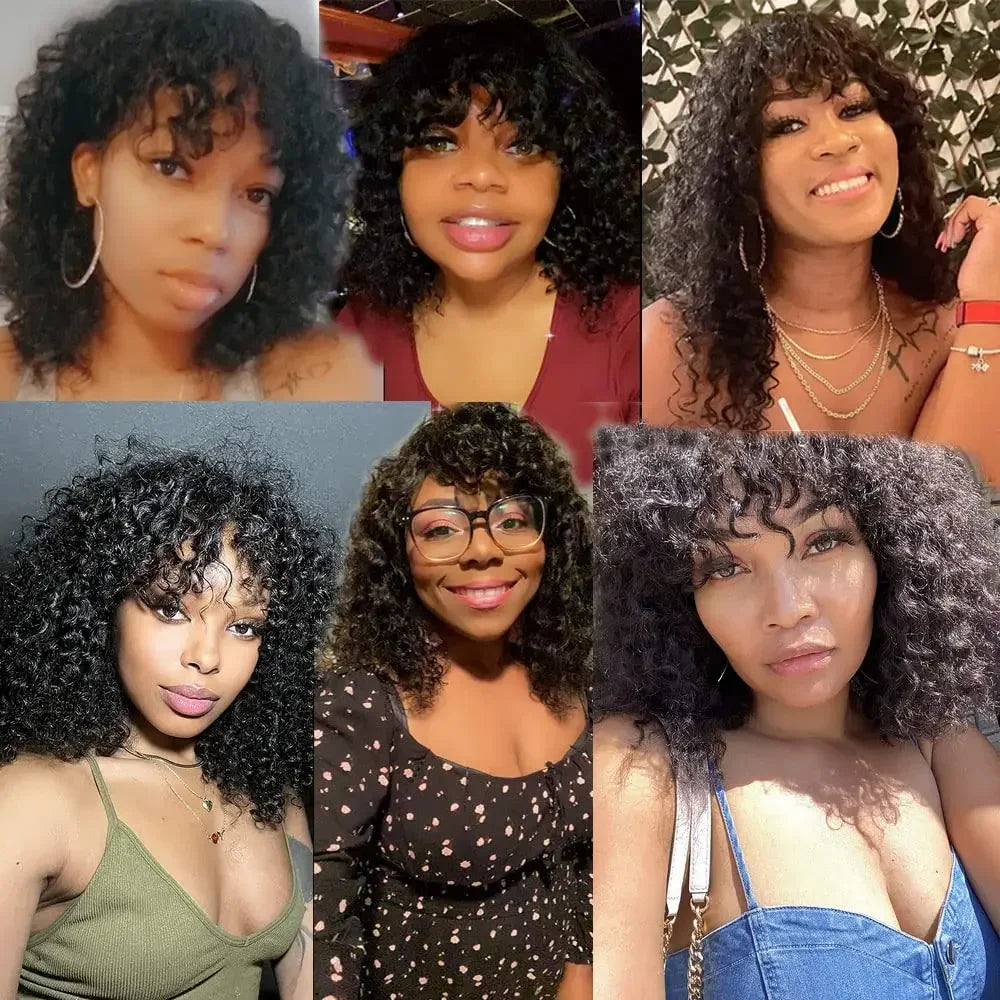 Glueless Curly Human Hair Wigs Machine Made Scalp Top Wig With Bangs  200% Density Shoulder-Grazing Curly Wig with Wispy Bangs