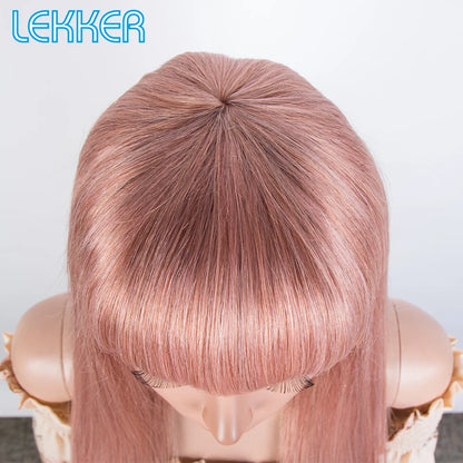 Lekker Wear to go Rose Pink Bone Straight Human Hair Wigs With Bangs For Women Brazilian Remy Hair Glueless Colored Long Wigs