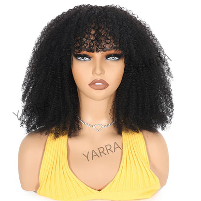 Afro Kinky Curly Human Hair Wig With Bangs For Black Women 250% Density Glueless Brazilian Remy Full Machine Made Hair Yarra