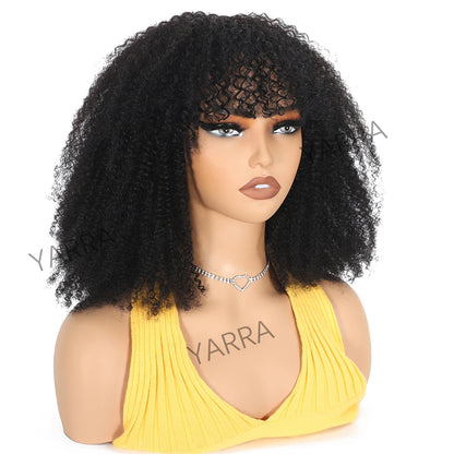 Afro Kinky Curly Human Hair Wig With Bangs For Black Women 250% Density Glueless Brazilian Remy Full Machine Made Hair Yarra