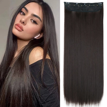 Synthetic 5 Clip In Hair Extensions Long Straight Hairstyle Hairpiece Black Brown Blonde 24Inch Natural Fake Hair For Women