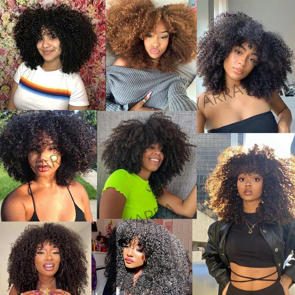 Afro Kinky Curly Human Hair Wig With Bangs For Black Women 250% Density Glueless Brazilian Remy Full Machine Made Hair Yarra