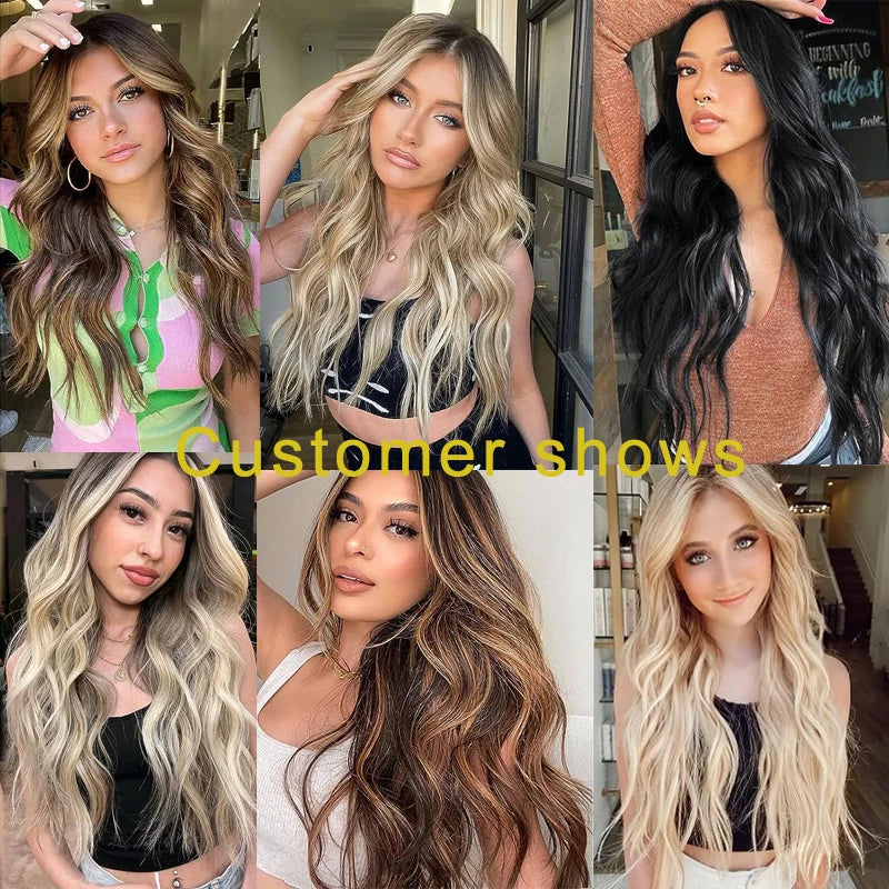 4Sets 11 Clips In Long Wavy Synthetic Hair Extension 20Inch Black 4Pcs 180g Thick Hairpieces Fiber Double Weft Hair for Women